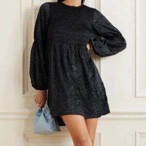 Ganni Shirred Crinkled Satin Elastic Bodice Black Mini Dress Size Medium